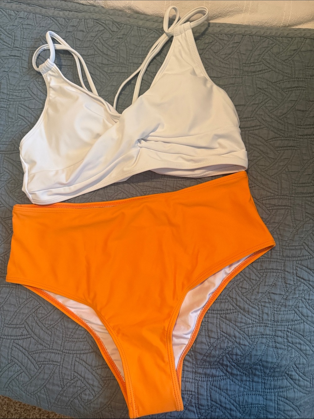 White & Orange High-Waist Bikini Set - Modern Two-Piece Swimwear